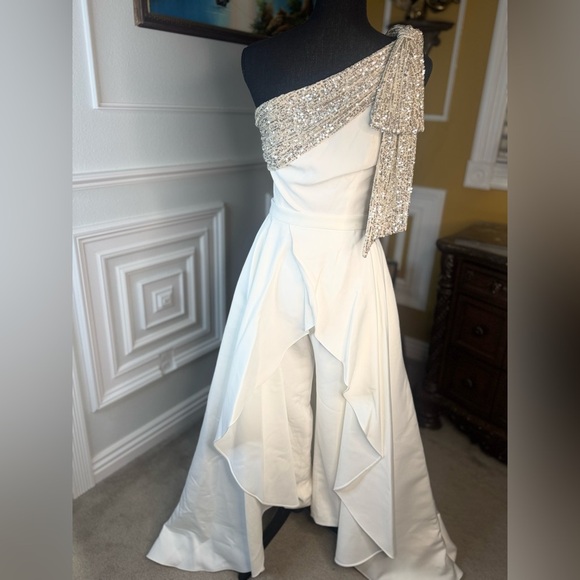 Gavin Jumpsuit With Satin Overskirt in Light Ivory, Silver & Diamond White - Picture 7 of 15